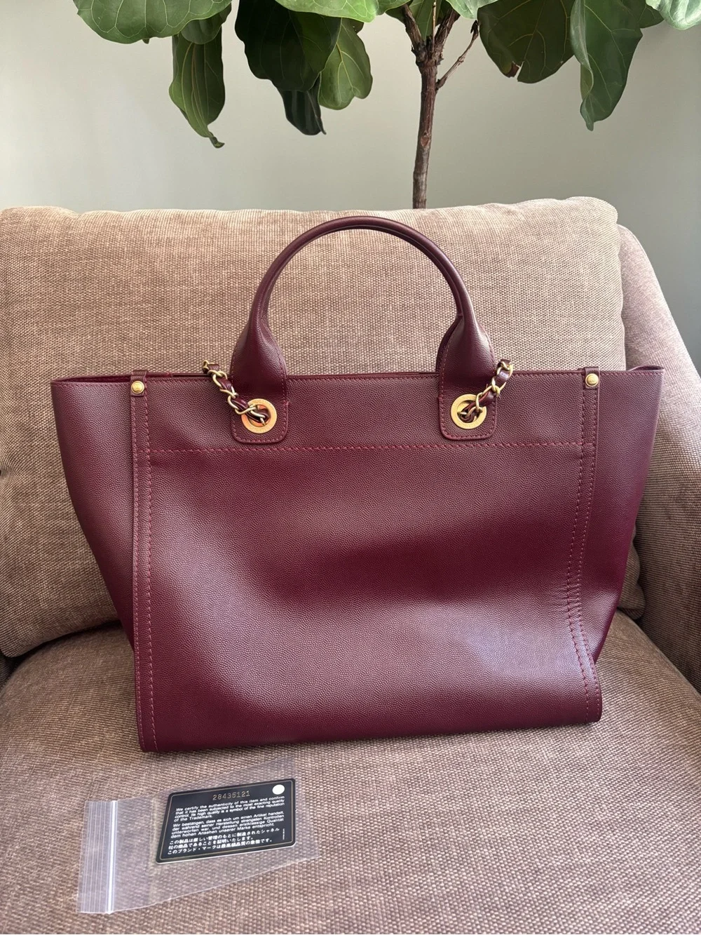 Authentic CHANEL deauville studded caviar leather burgundy tote